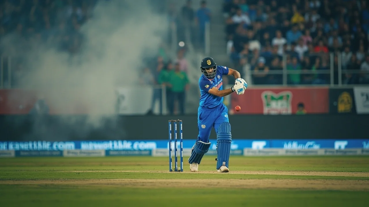 Wide editorial view of an evening T20 World Cup Super 8 venue with the outfield lit and the lower tier filling after India's 76-run loss to South Africa on 22 February 2026