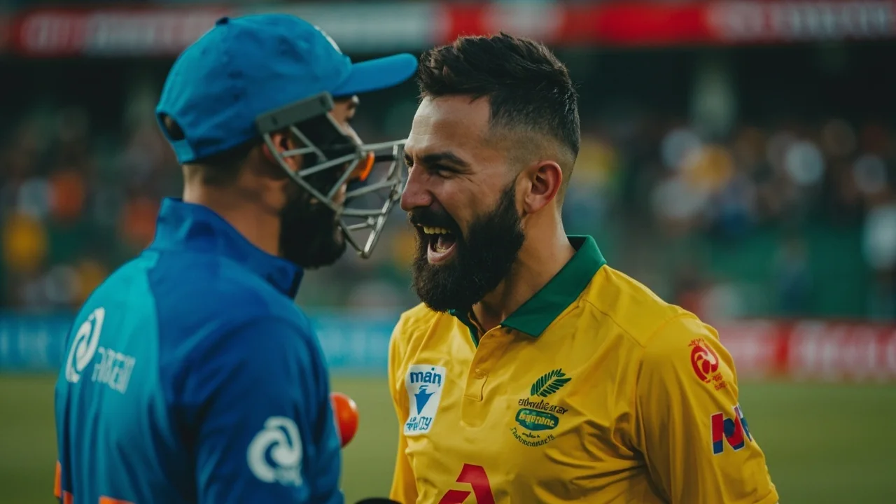 Medium tactical shot of two batters rebuilding an innings at the crease during a T20 World Cup Super 8 game