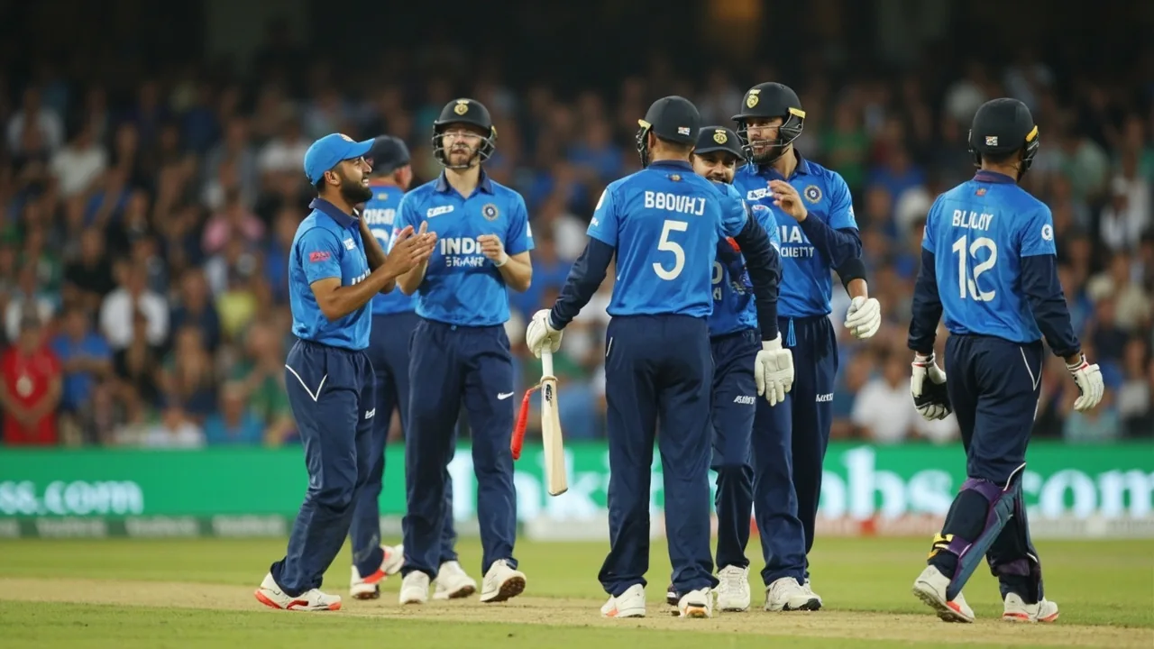Medium tactical scene showing two batters conferring at the crease during a one-day international match