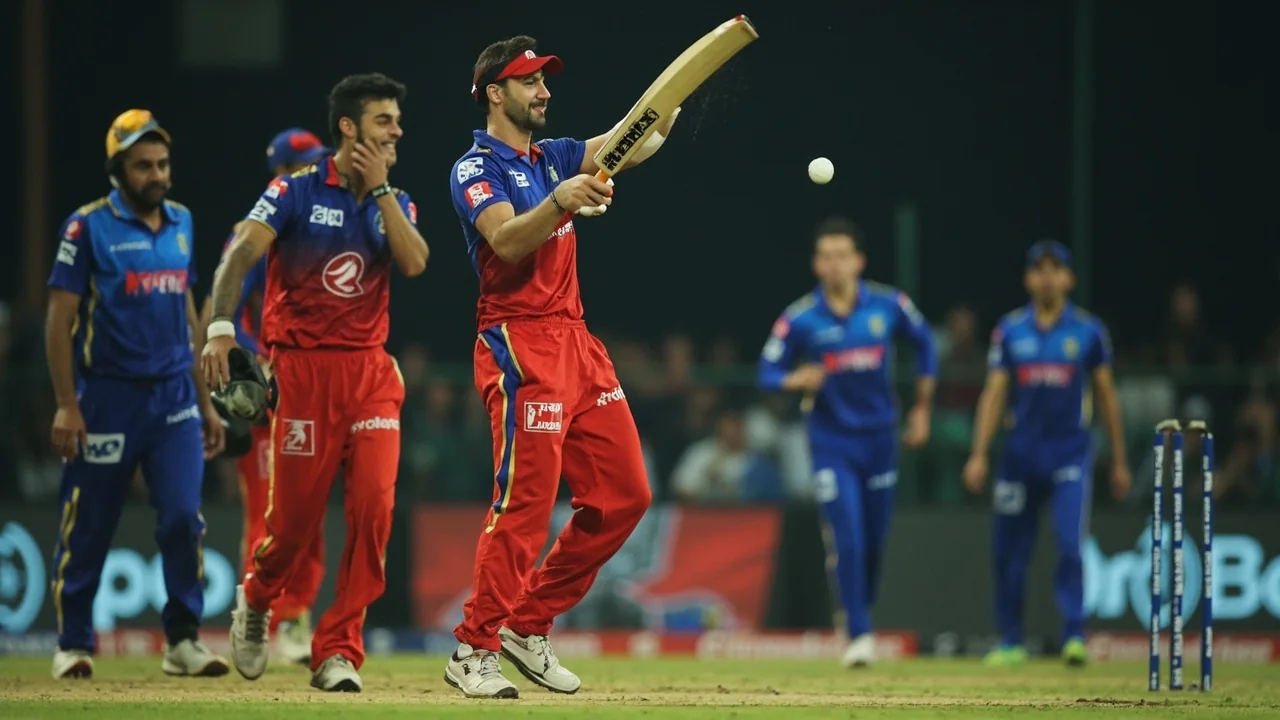 Medium tactical view of a Twenty20 fielding setup showing field placements, the batting pair at the crease and a bowler running in, used as the second editorial figure in the IPL brand-value analysis