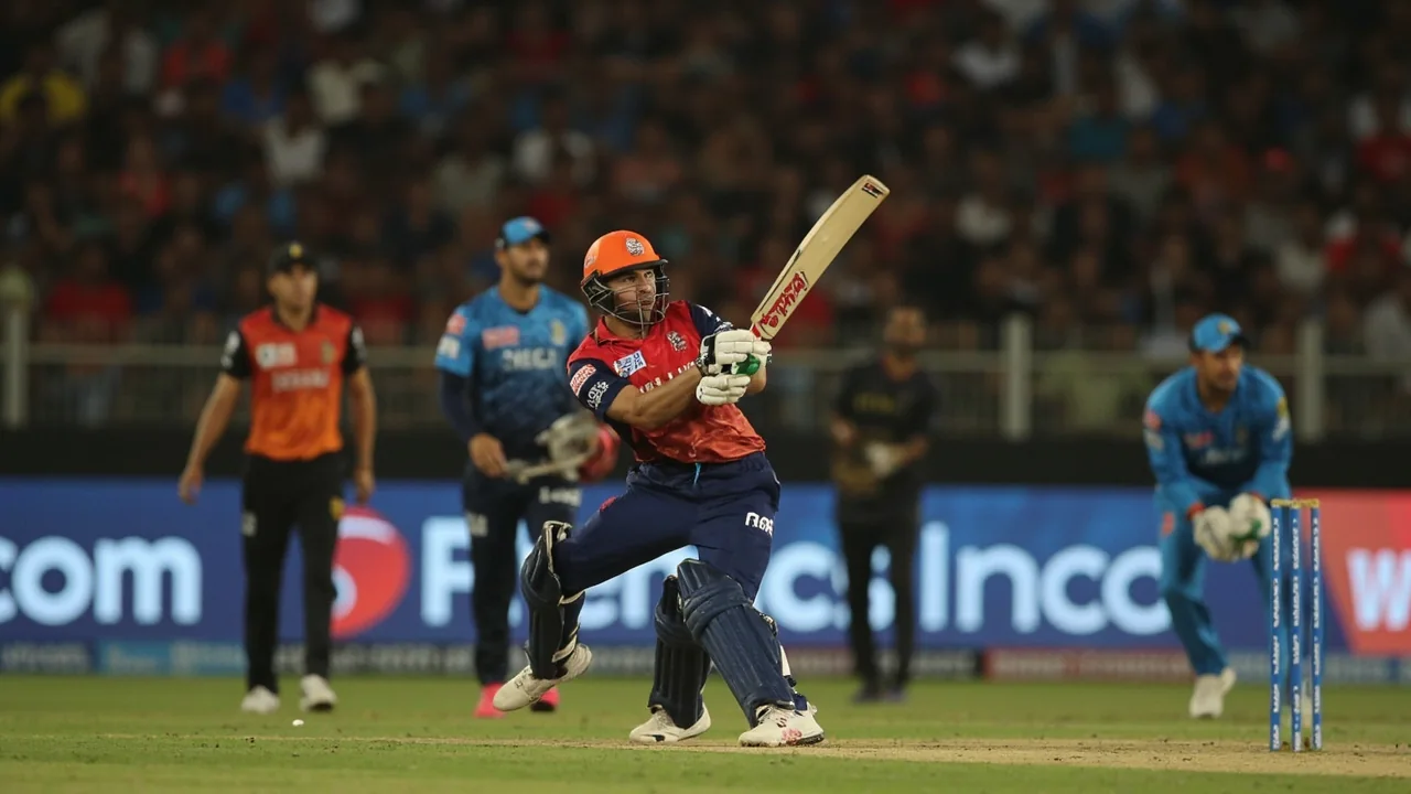 Tight sideline action frame of a top-order batter driving through the off side under Jaipur floodlights, illustrating the wicketkeeper-batter captaincy role from the 10 April 2024 RR vs GT Dream11 prediction