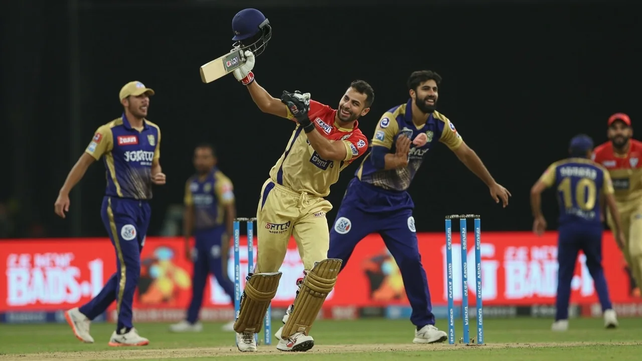 Medium tactical scene of a bowler running through the mark with fielders set in a T20 powerplay ring under Jaipur floodlights, illustrating the bowling-stack logic from the 10 April 2024 RR vs GT Dream11 prediction
