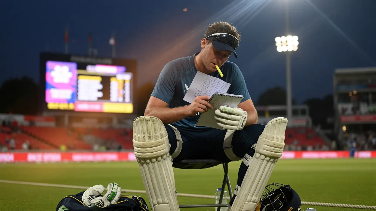 Wicket-keeper in batting gloves and pads reviewing notes during a Hundred-format innings break at Headingley