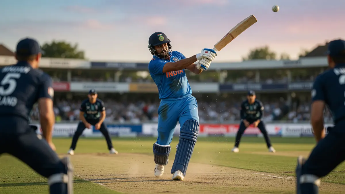Tight sideline frame of a batter striking through the off side under stadium lights, illustrating the powerplay captaincy case for Abhishek Sharma in the ENG vs IND 2nd T20I Dream11 archive