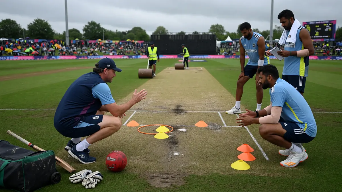 Medium tactical view of a seam bowler running in with fielders set in a T20 ring under cloudy English light, illustrating the Old Trafford bowling and pitch notes from the 4 July 2026 ENG vs IND preview